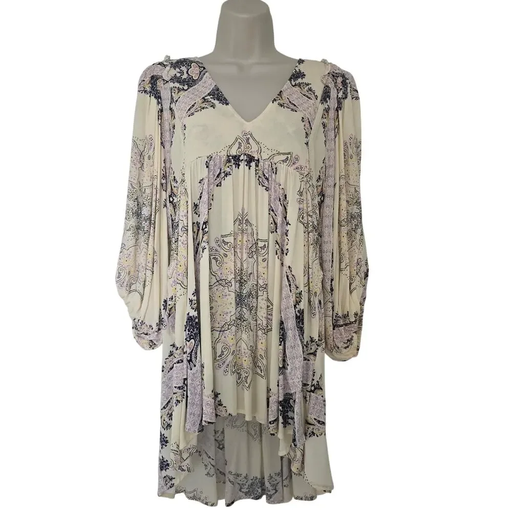 Free People Girl Talk Boho Tunic Top Size XS Ruffle Long Sleeve Floral Paisley - Picture 2 of 9